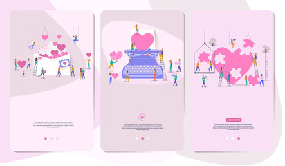 Mobile App Page with hearts and small people around them. Editable vector illustration