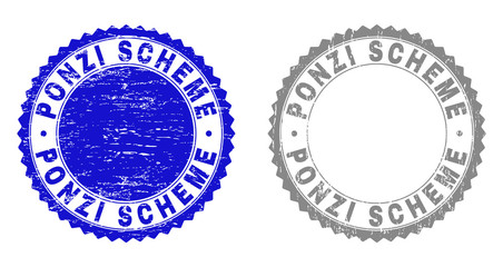 Grunge PONZI SCHEME stamp seals isolated on a white background. Rosette seals with distress texture in blue and grey colors. Vector rubber stamp imprint of PONZI SCHEME tag inside round rosette.
