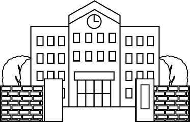 Modern Japanese public school building with gate and trees outline