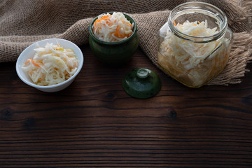 Home sauerkraut, sauerkraut and carrots, a traditional national dish in Russia, Poland, Germany. Copy space.