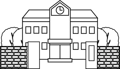 Obraz premium Modern Japanese public school building with gate and trees outline