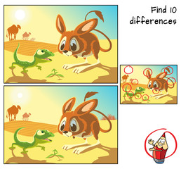 Desert animals. Lizard, jerboa and camels.  Find 10 differences. Educational matching game for children. Cartoon vector illustration