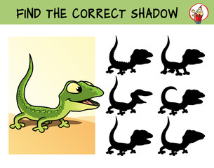 Funny green lizard. Find the correct shadow. Educational matching game for children. Cartoon vector illustration