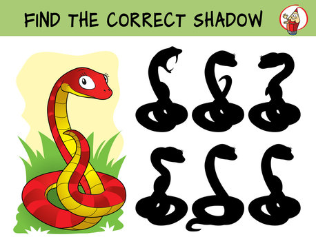 Cute red snake. Find the correct shadow. Educational matching game for children. Cartoon vector illustration