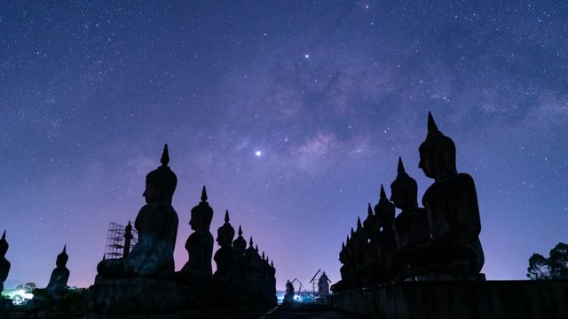 Night to Day Timelapse of big Buddha statue with milky way galaxy in Nakhon si thammarat Province, Thailand