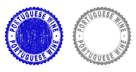 Grunge PORTUGUESE WINE stamp seals isolated on a white background. Rosette seals with distress texture in blue and gray colors.