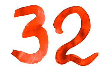 The number 32, painted with a brush in watercolor. Vintage symbol made by hand.