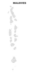 Maldives map designed with tiny dots. Vector abstraction in black color is isolated on a white background. Scattered little dots are organized into Maldives map.
