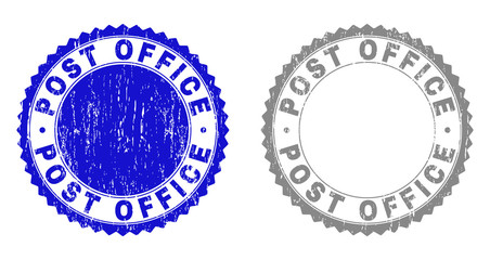 Obraz premium Grunge POST OFFICE stamp seals isolated on a white background. Rosette seals with grunge texture in blue and gray colors. Vector rubber stamp imprint of POST OFFICE title inside round rosette.