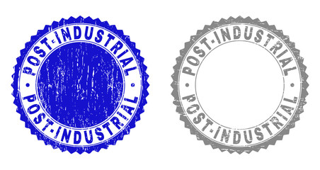 Grunge POST-INDUSTRIAL stamp seals isolated on a white background. Rosette seals with grunge texture in blue and gray colors.