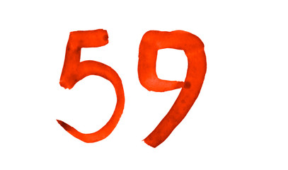 The number 59, painted with a brush in watercolor. Vintage symbol made by hand.