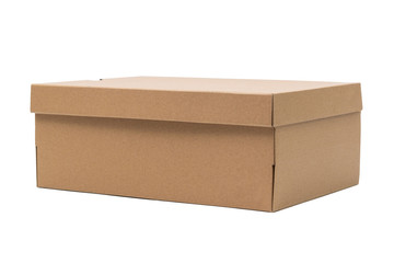 Brown cardboard shoes box with lid for shoe or sneaker product packaging mockup, isolated on white with clipping path.