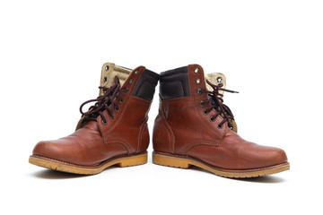 Male brown leather boot, footwear fashion isolated on white background.