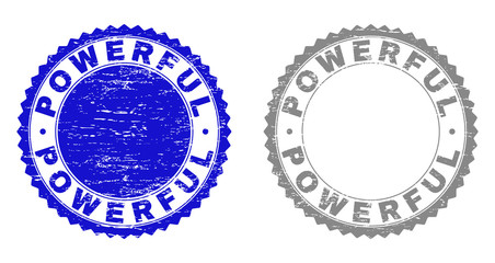 Obraz premium Grunge POWERFUL stamp seals isolated on a white background. Rosette seals with grunge texture in blue and gray colors. Vector rubber stamp imprint of POWERFUL label inside round rosette.