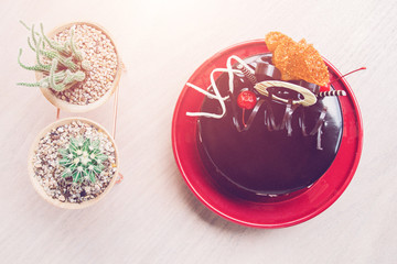 Chocolate cake with sun light