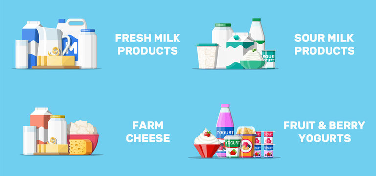Dairy products set. Collection of milk food. Milk, cheese, yogurt, butter, sour cream, cottage, cream. Tradicional farm products. Vector illustration in flat style