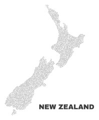 New Zealand map designed with tiny dots. Vector abstraction in black color is isolated on a white background. Random tiny points are organized into New Zealand map.