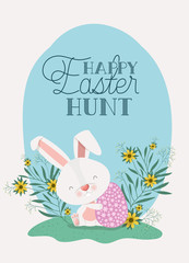 cute rabbit with egg painted and flowers in the garden