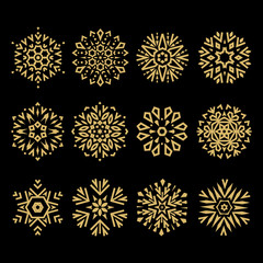 Snowflakes icon collection. Graphic modern black and gold ornament