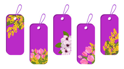Set purple stickers and labels with spring flowers. Blossoms tulip, mimosa and sakura or cherry. Vector