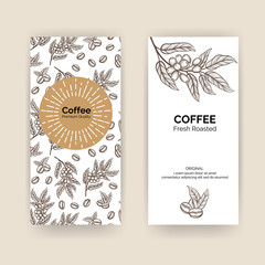 Coffee Packaging Design with coffee tree branch with leaves and beans. Vector template package for your design.