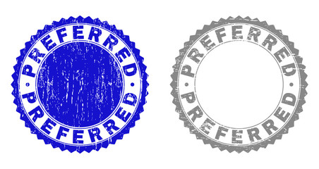 Obraz premium Grunge PREFERRED stamp seals isolated on a white background. Rosette seals with grunge texture in blue and gray colors. Vector rubber watermark of PREFERRED label inside round rosette.