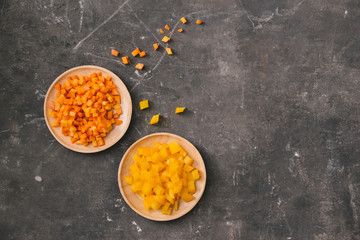 Fresh organic micro greens with carrot diced, food closeup