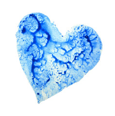 Heart of blue color, drawing watercolor on white background, isolate.