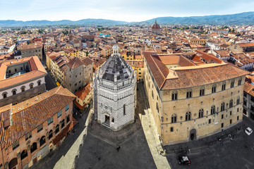 Pistoia, Italy. Aerial view to Battistero di San Giovanni in Corte and Piazza del Duomo