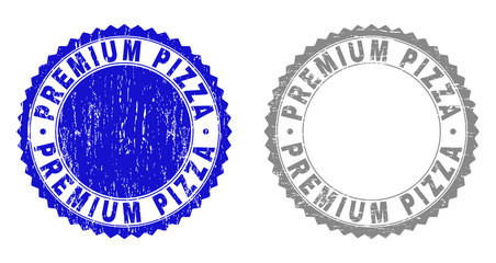 Grunge PREMIUM PIZZA stamp seals isolated on a white background. Rosette seals with grunge texture in blue and gray colors. Vector rubber overlay of PREMIUM PIZZA caption inside round rosette.
