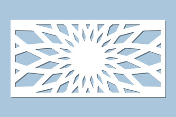 Set decorative card for cutting. Geometry, line, flower pattern. Laser cut panel. Ratio 1:2. Vector illustration.