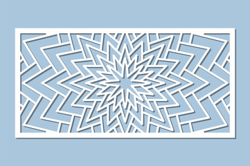 Set decorative card for cutting. Geometry, line, flower pattern. Laser cut panel. Ratio 1:2. Vector illustration.