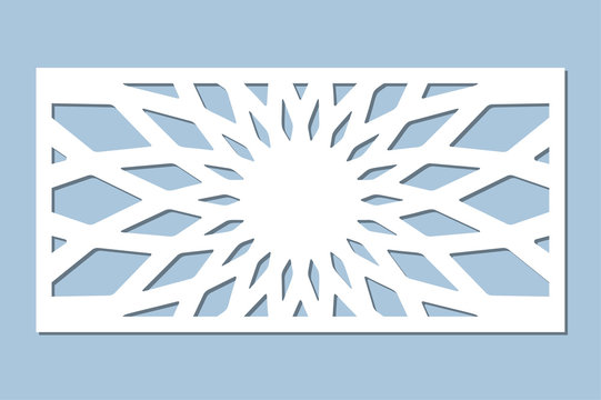 Set decorative card for cutting. Geometry, line, flower pattern. Laser cut panel. Ratio 1:2. Vector illustration.