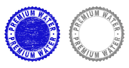 Grunge PREMIUM WATER stamp seals isolated on a white background. Rosette seals with grunge texture in blue and gray colors. Vector rubber watermark of PREMIUM WATER tag inside round rosette.