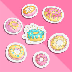 Cute funny Girl teenager colored icon set sticker donuts, fashion cute teen and princess icons. Magic fun cute patch girls donuts hand draw teens icon collection on pink gradient.