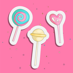 Cute funny Girl teenager colored icon set sticker lollipops, fashion cute teen and princess icons. Magic fun cute patch girls lollipops hand draw teens icon collection.