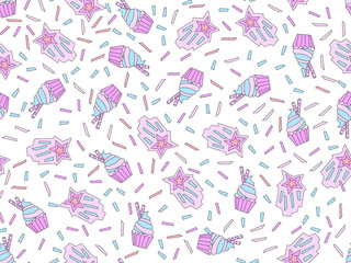 Funny cute cartoon seamless pattern with sweet blue and pink cupcakes, confetti and decoration. Endless cute pattern with sweet cup cake on white background. Blue cream cupcakes colored seamless
