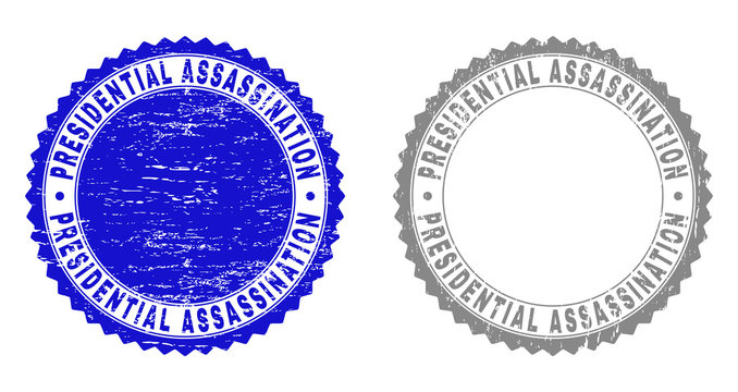 Grunge PRESIDENTIAL ASSASSINATION stamp seals isolated on a white background. Rosette seals with distress texture in blue and grey colors.