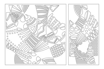 Set decorative card for cutting. Doodle line pattern. Laser cut panel. Ratio 1:1, 1:2. Vector illustration.