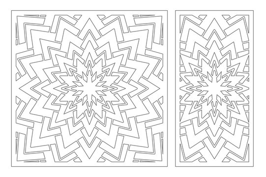 Set decorative card for cutting. Geometry, line, flower pattern. Laser cut panel. Ratio 1:1, 1:2. Vector illustration.