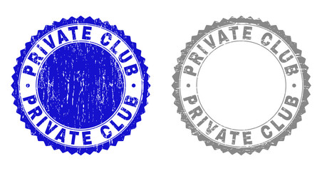 Grunge PRIVATE CLUB stamp seals isolated on a white background. Rosette seals with grunge texture in blue and gray colors. Vector rubber watermark of PRIVATE CLUB label inside round rosette.