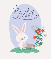 happy easter card with rabbit and wheelbarrow