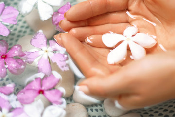 .Spa treatment and massage for female hands.Close up.Spa skin and body nails care concept. Cosmetology. Hands of woman with natural manicure on fingernails and bowl with water and flower