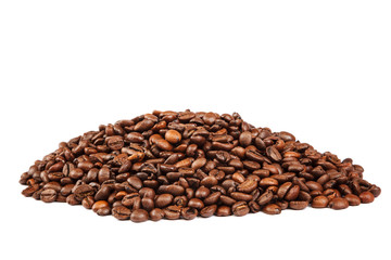 Grains of roasted coffee on white background.