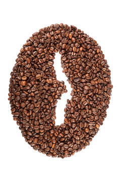 Grains of roasted coffee on white background.