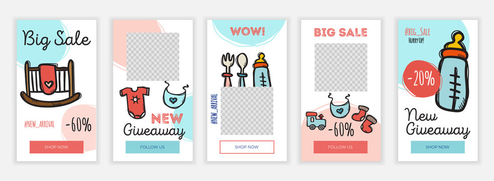 Creative baby goods social media stories design template in doodle hand drawn style. Cute banner elegant set. Web templates for online networks for shop, blog and personal use. App screens 