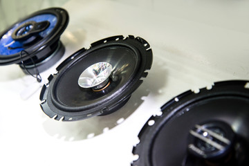 Car loudspeakers round, black in shop.