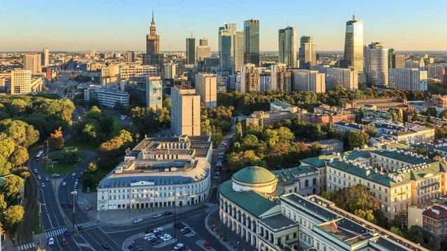 Colorful sunset over the city center of Warsaw the capital of Poland.