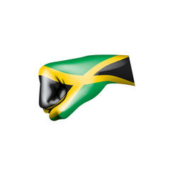 Jamaica flag and hand on white background. Vector illustration