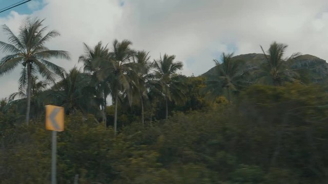Out window driving along a road past dense green forest with tall mountains with dramatic cliffs on an overcast day